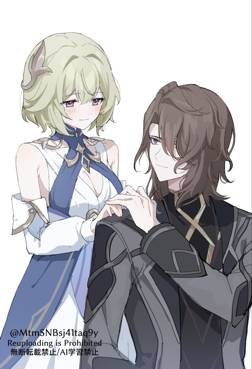 1boy 1girl bare_shoulders behind_another black_shirt blonde_hair blue_dress blue_eyes blush breasts brown_eyes brown_hair cleavage cleavage_cutout clothing_cutout coat collarbone couple detached_sleeves dress genshin_impact gold_trim grey_coat grey_sleeves hair_ornament hair_over_one_eye half-closed_eyes hand_on_another&#039;s_hand hand_on_another&#039;s_shoulder hand_up hetero highres lapels large_breasts layered_dress long_sleeves looking_at_another mtmsnbsj41taq9y open_clothes open_coat rerir_(genshin_impact) sakusan_(vofmkj08) shirt short_hair smile tholindis_(genshin_impact) twitter_username undershirt watermark white_background white_dress white_sleeves