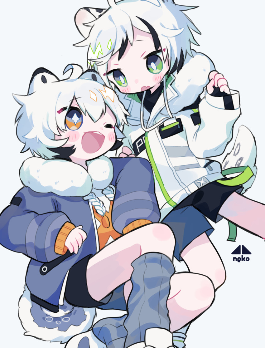 2boys ;d ahoge black_hair black_shirt black_shorts bright_pupils commentary_request commission cotono_(nazekun) drawstring fang fur-trimmed_jacket fur_trim green_eyes grey_background grey_jacket grey_leg_warmers highres jacket leg_warmers long_sleeves male_focus multicolored_hair multiple_boys one_eye_closed open_clothes open_jacket open_mouth orange_eyes orange_sweater original shirt shoes short_hair shorts simple_background skeb_commission skin_fang smile snow_leopard_boy snow_leopard_ears snow_leopard_tail streaked_hair sweater two-tone_hair white_hair white_jacket white_pupils white_shirt white_shoes