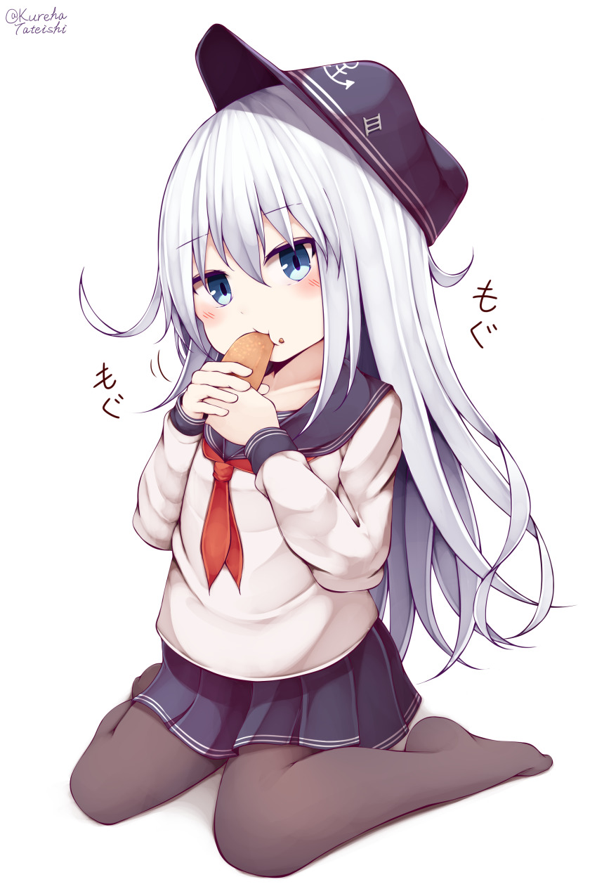 1girl absurdres anchor_symbol black_hat black_pantyhose black_sailor_collar black_skirt blue_eyes blush commentary_request eating female_focus flat_cap food food_on_face full_body hair_between_eyes hat hibiki_(kancolle) highres holding holding_food kantai_collection long_hair long_sleeves neckerchief no_shoes pantyhose pirozhki pleated_skirt red_neckerchief sailor_collar shadow shirt silver_hair sitting skirt sleeves_past_wrists solo tateishi_kureha twitter_username very_long_hair wariza white_background white_shirt