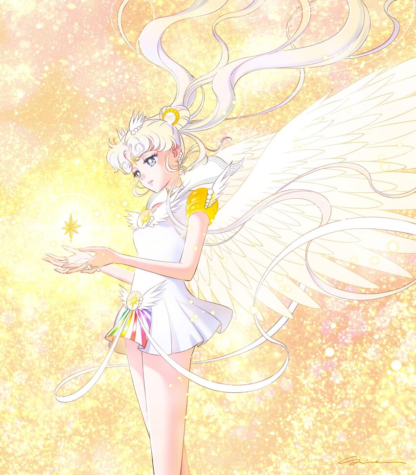 1girl bishoujo_senshi_sailor_moon bishoujo_senshi_sailor_moon_stars choker double_bun dress earrings facial_mark feathered_wings forehead_mark grey_eyes hair_bun hair_ornament highres jewelry long_hair parted_lips sailor_collar sailor_cosmos short_sleeves sidney_deng solo twintails white_choker white_dress white_hair white_sailor_collar white_wings wing_hair_ornament wings yellow_sleeves