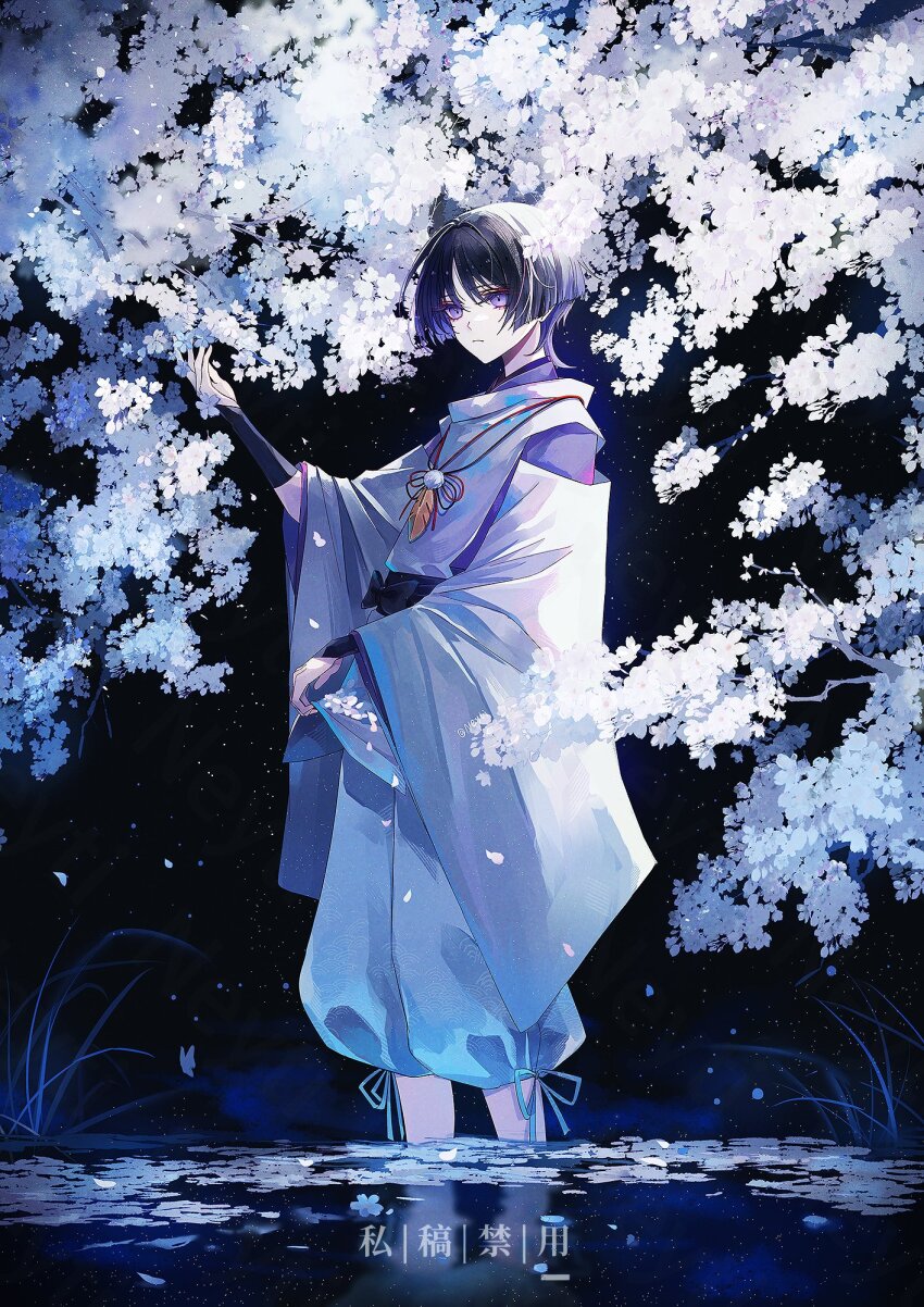 1boy armor belt black_belt black_bow black_hair black_sash blunt_ends bow chinese_text expressionless eyeliner eyeshadow falling_petals feathers flower from_side full_body genshin_impact gold grass highres japanese_armor japanese_clothes kariginu kimono knot kote kurokote layered_clothes layered_kimono lifting_own_clothes long_sleeves looking_at_flowers makeup male_focus neyti_(neytirv) open_hands pants parted_bangs partially_submerged petals pom_pom_(clothes) purple_eyes red_eyeliner red_eyeshadow reflection reflective_water sash scaramouche_(genshin_impact) scaramouche_(kabukimono)_(genshin_impact) short_hair solo standing standing_on_liquid string translation_request white_flower white_kimono white_pants wide_sleeves
