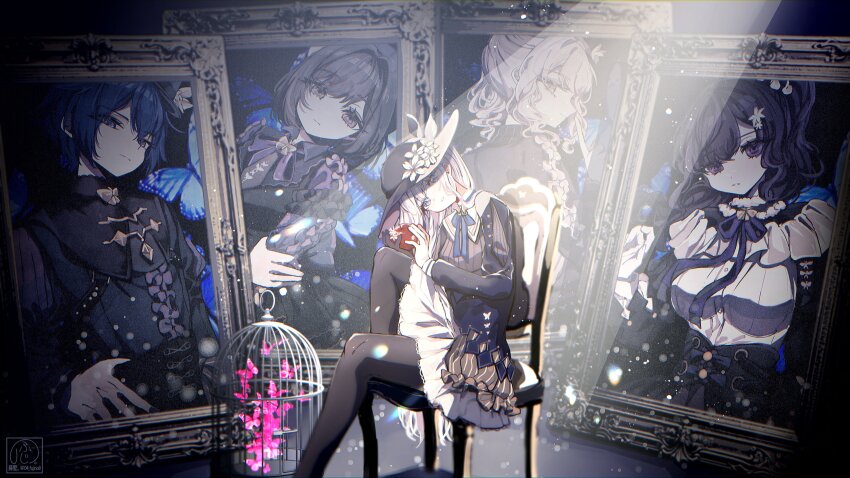 04_fujino9 1boy 1other 25-ji_kaito 25-ji_nightcord_de._(project_sekai) 3girls absurdres akiyama_mizuki apple asahina_mafuyu birdcage black_gloves black_hat black_necktie black_pantyhose black_shirt blue_eyes blue_hair blue_ribbon breasts brown_eyes brown_hair bug butterfly cage center_frills chair collared_shirt commentary_request crossed_bangs expressionless feet_on_chair feet_out_of_frame flower food frilled_shirt frills fruit gloves hand_on_own_hip hand_up hat hat_flower head_tilt high_collar highres holding holding_food holding_fruit immiscible_discord_(project_sekai) insect kaito_(vocaloid) large_breasts light_rays long_hair long_sleeves looking_at_viewer multiple_girls neck_ribbon necktie official_alternate_costume painting_(object) pantyhose picture_frame pink_butterfly pink_eyes pink_hair ponytail project_sekai purple_eyes purple_hair purple_ribbon ribbed_shirt ribbon samsa_(vocaloid) self_hug shinonome_ena shirt short_hair side_ponytail sidelocks single_glove sitting skirt small_breasts swept_bangs very_long_hair vocaloid white_hair white_shirt white_skirt yoisaki_kanade