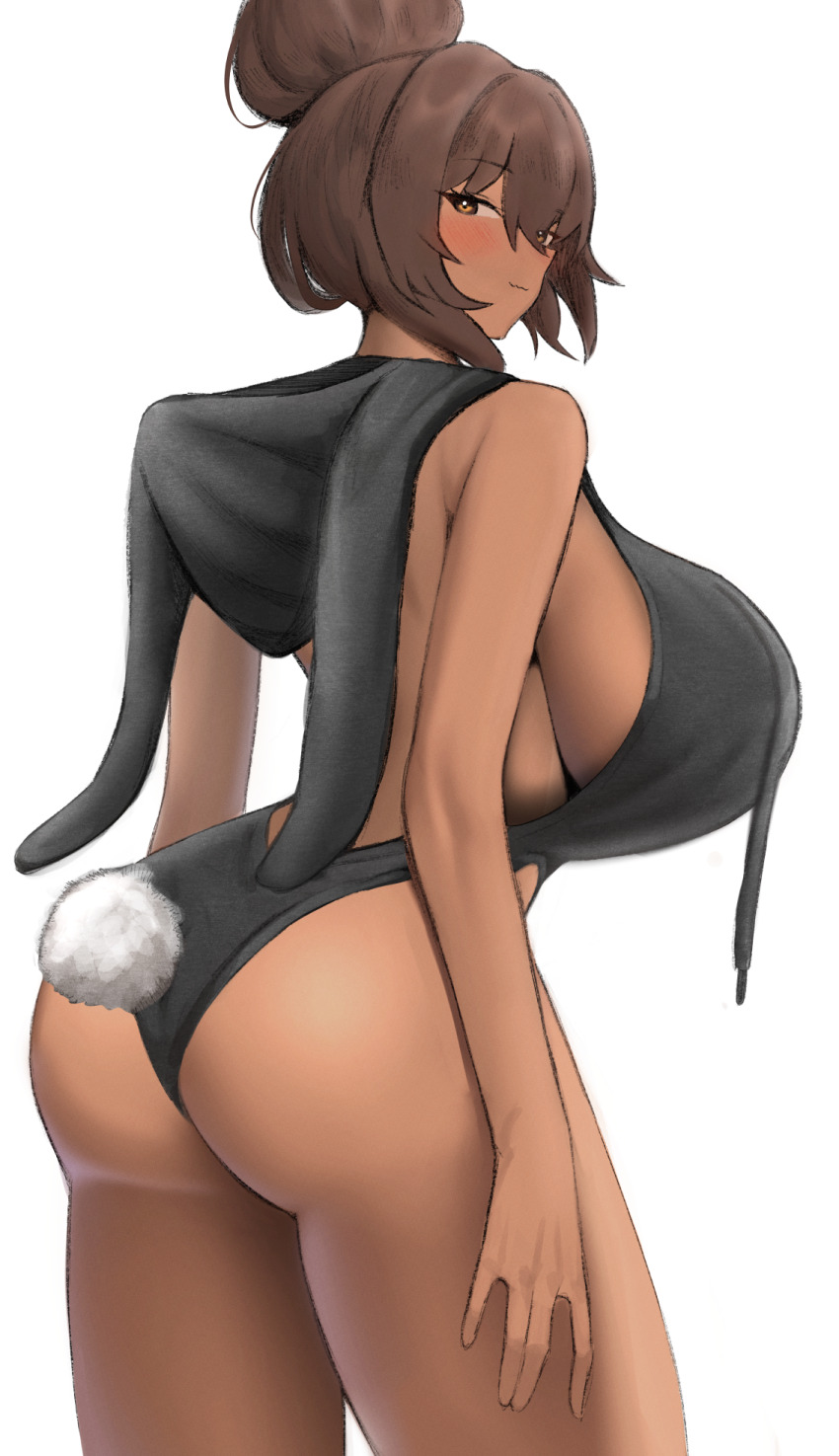 1girl animal_hood ass bare_shoulders blush breasts brown_hair dark-skinned_female dark_skin drawstring goddess_of_victory:_nikke hair_between_eyes hair_bun hood hood_down huge_breasts ieugama looking_back noir_(nikke) rabbit_hood short_hair sidelocks smile solo thighs white_background yellow_eyes