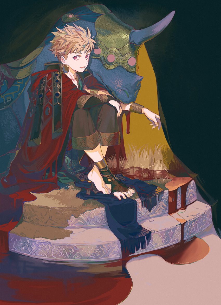 1boy armband barefoot blood bracer cloak dripping earrings fingernails grass highres jewelry lower_teeth_only monster moryo open_mouth original puddle red_cloak red_eyes sitting smile teeth toenails
