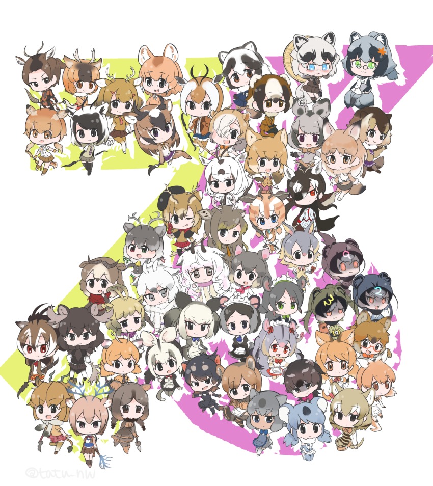 10s 6+girls :d alpine_ibex_(kemono_friends) animal_ears annotated antenna_hair antlers apron arabian_oryx_(kemono_friends) bat-eared_fox_(kemono_friends) bell bilby_(kemono_friends) black_eyes black_hair blackbuck_(kemono_friends) blue_eyes bow bowtie braid brown_eyes brown_hair character_request chibi chiru_(kemono_friends) common_brushtail_possum_(kemono_friends) common_eland_(kemono_friends) common_ringtail_possum_(kemono_friends) common_wombat_(kemono_friends) culpeo_(kemono_friends) danzaburou-danuki_(kemono_friends) deer_ears empty_eyes expressionless eyepatch fang full_body fur_collar fur_trim glasses gradient_hair green_eyes green_ringtail_possum_(kemono_friends) grey_eyes grey_hair hand_up heterochromia highres horns impala_(kemono_friends) inugami_gyoubu_(kemono_friends) japanese_badger_(kemono_friends) japanese_dwarf_flying_squirrel_(kemono_friends) kangaroo_ears kangaroo_tail kemono_friends koala_(kemono_friends) kyuushuu_flying_squirrel_(kemono_friends) long_hair long_sleeves looking_at_viewer maid_apron maid_headdress moose_(kemono_friends) moose_ears mountain_goat_(kemono_friends) mule_deer_(kemono_friends) multicolored_hair multiple_girls neck_ribbon necktie numbat_(kemono_friends) open_hand open_mouth pademelon_(kemono_friends) pale_fox_(kemono_friends) pere_david&#039;s_deer_(kemono_friends) pince-nez polearm possum_ears possum_tail pronghorn_(kemono_friends) pudu_puda_(kemono_friends) red_eyes red_kangaroo_(kemono_friends) reindeer_(kemono_friends) rhim_gazelle_(kemono_friends) ribbon roe_deer_(kemono_friends) sable_antelope_(kemono_friends) saiga_antelope_(kemono_friends) scaly-tailed_possum_(kemono_friends) schomburgk&#039;s_deer_(kemono_friends) shaded_face short_hair short_sleeves sika_deer_(kemono_friends) skirt smile snow_sheep_(kemono_friends) spear spectacled_hare-wallaby_(kemono_friends) springbok_(kemono_friends) standing sulawesi_bear_cuscus_(kemono_friends) tail takin_(kemono_friends) tanuki_(kemono_friends) tasmanian_devil_(kemono_friends) tatsuno_newo thylacine_(kemono_friends) topi_(kemono_friends) twin_braids twintails twitter_username two_side_up water_deer_(kemono_friends) waving weapon white-eared_opossum_(kemono_friends) white_background white_hair yezo_sika_deer_(kemono_friends)