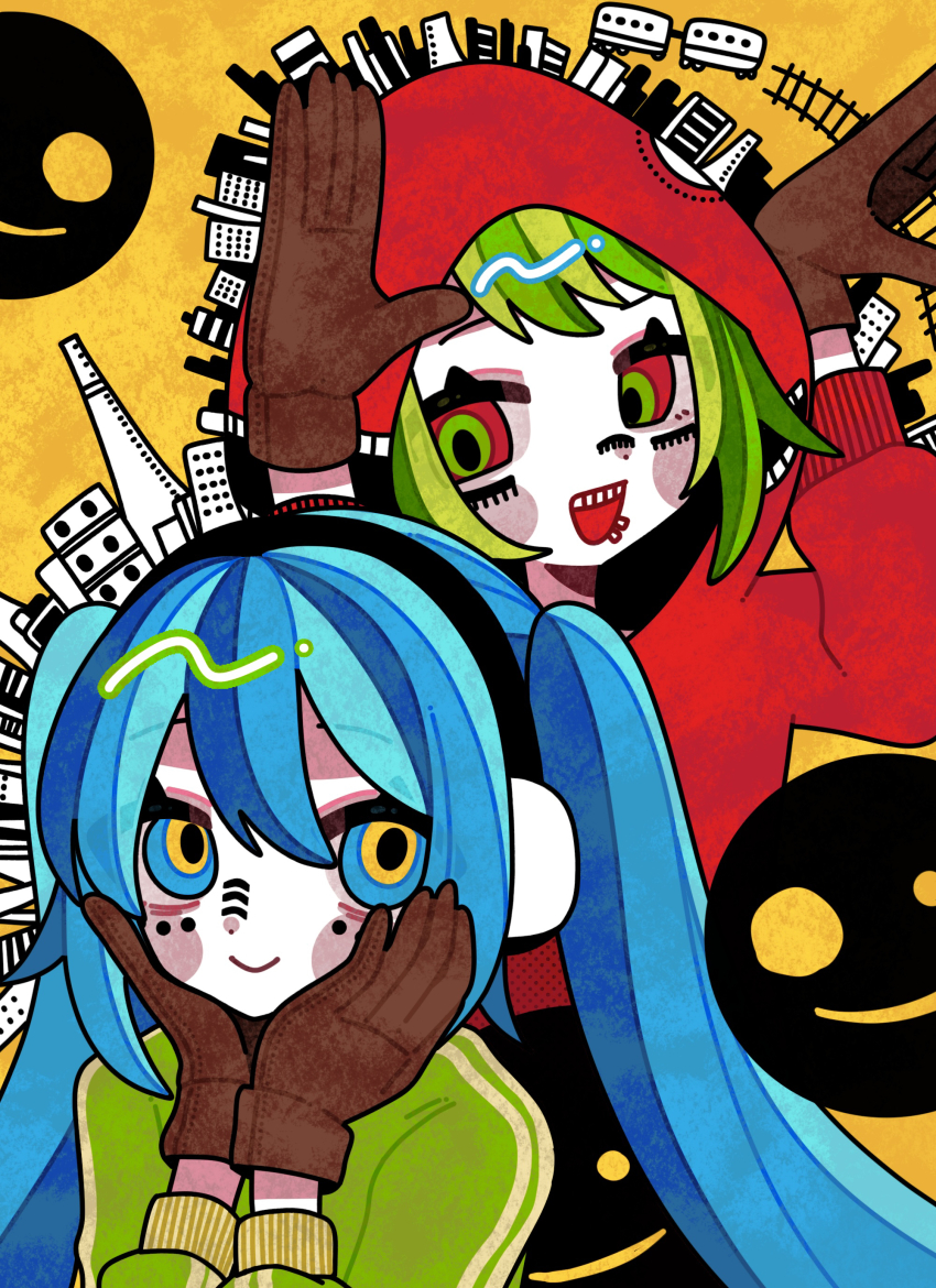 2girls absurdres blue_eyes blue_hair blush_stickers commentary_request facial_mark green_eyes green_hair gumi hands_on_own_cheeks hands_on_own_face hands_up hatsune_miku highres hood hood_up hoodie jacket lip_piercing long_hair long_sleeves matryoshka_(vocaloid) multicolored_eyes multiple_girls okayu_(cwtv7823) open_mouth piercing rabbit_pose red_eyes smile smiley_face track_jacket twintails vocaloid yellow_background yellow_eyes