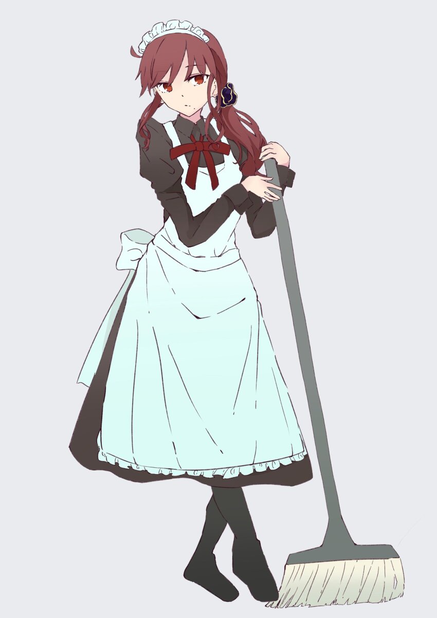 1girl alternate_costume apron black_dress black_footwear black_pantyhose bow bowtie brown_hair closed_mouth cosplay crossed_legs dress enmaided frilled_apron frills frown full_body hair_ornament highres hisui_(tsukihime) hisui_(tsukihime)_(cosplay) holding juliet_sleeves long_hair long_sleeves looking_at_viewer low_twintails maid maid_apron maid_headdress mole mole_under_mouth mop noel_(tsukihime) pantyhose puffy_sleeves red_eyes ribbon simple_background solo standing tam002 tsukihime twintails waist_apron watson_cross white_apron white_background