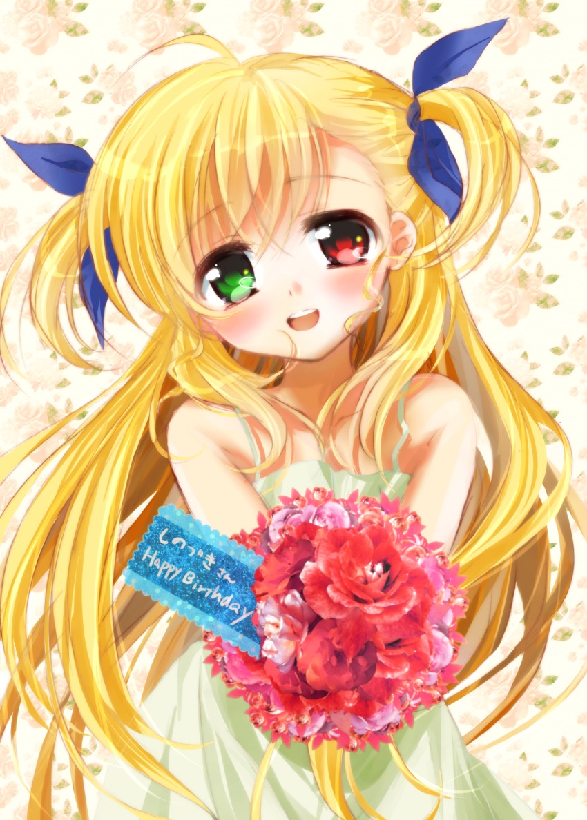 10s 1girl :d bare_shoulders birthday blonde_hair blush bouquet dress female_focus flower green_eyes hair_ribbon happy_birthday heterochromia highres long_hair lyrical_nanoha mahou_shoujo_lyrical_nanoha_vivid nanashiki open_mouth red_eyes ribbon rose smile solo sundress teeth two_side_up vivio