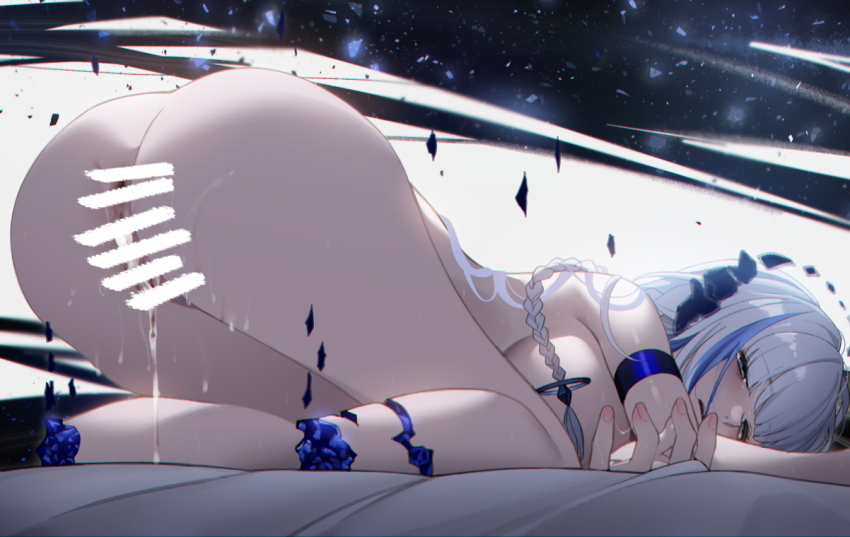 1girl after_vaginal aftersex arm_strap arm_up ass bent_over blue_eyes blue_hair blush braid breasts censored completely_nude cum cum_in_pussy cum_overflow cumdrip darkstar_hubble_(neural_cloud) defloration from_behind from_side full_body girls&#039;_frontline girls&#039;_frontline_neural_cloud half-closed_eyes kneeling large_breasts legs long_hair looking_at_viewer looking_back multicolored_hair nude on_bed open_mouth pussy pussy_juice pussy_juice_trail solo star_(sky) starry_sky_background streaked_hair ten_cws thighs top-down_bottom-up two-tone_hair very_long_hair white_hair