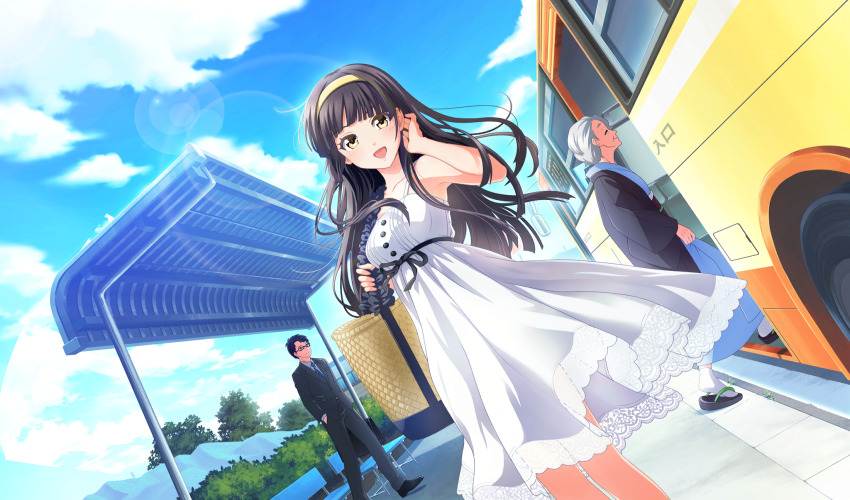 :d bag bench black_footwear black_hair blunt_bangs bus bus_stop cinderella_series cloud dress dutch_angle game_cg hachigatsu_no_cinderella_nine hairband hand_in_own_hair highres holding holding_bag lens_flare long_hair looking_at_viewer motor_vehicle non-web_source official_art open_mouth outdoors road sky sleeveless sleeveless_dress smile solo_focus standing tsukishima_yui_(hachigatsu_no_cinderella_nine) white_dress yellow_eyes yellow_hairband