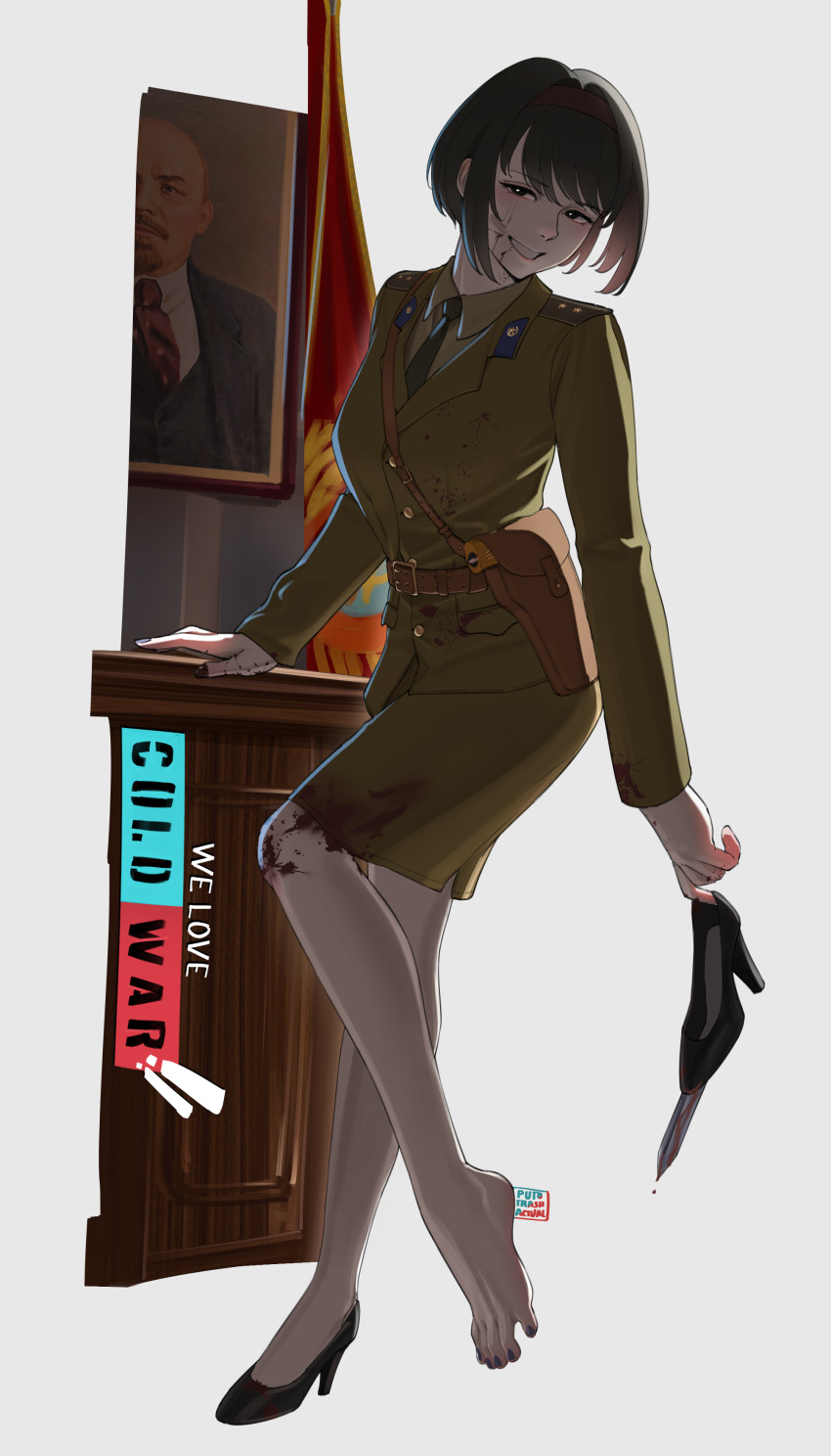 1girl absurdres belt black_hair blood blood_on_clothes blood_on_face bright_pupils desk flag green_jacket green_necktie green_shirt green_skirt gun hairband highres jacket kgb military_dress_uniform military_uniform necktie original puto_trash red_hairband shirt single_bare_foot skirt skorpion_vz._61 smile solo soviet submachine_gun vladimir_lenin we_love_cold_war weapon white_background white_pupils