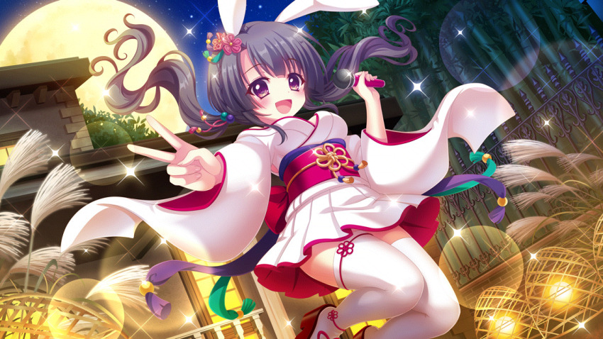 1girl :d animal_ears bamboo bamboo_forest black_hair blush breasts dot_nose dutch_angle fake_animal_ears fence film_grain flower forest game_cg hair_flower hair_ornament high_heels holding holding_microphone house ichikishima_mizuha iron_fence izumi_tsubasu japanese_clothes jumping kimono lens_flare long_hair looking_at_viewer low_twintails medium_breasts microphone moon nature night night_sky non-web_source obi off_shoulder official_art open_mouth orange_flower outdoors platform_footwear purple_eyes purple_flower rabbit_ears re:stage! red_footwear sash sky smile solo sparkle susuki_grass thighhighs twintails v white_kimono white_thighhighs zettai_ryouiki