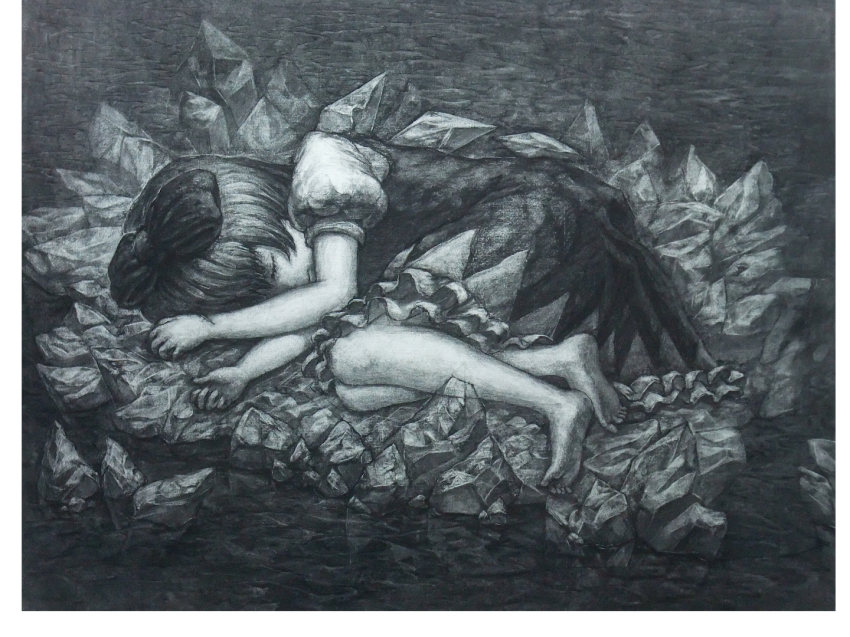 1girl bad_id bad_pixiv_id barefoot bow charcoal_(medium) cirno closed_eyes dress female_focus fetal_position greyscale hair_bow ice ice_wings koneneko lying monochrome solo touhou traditional_media wings