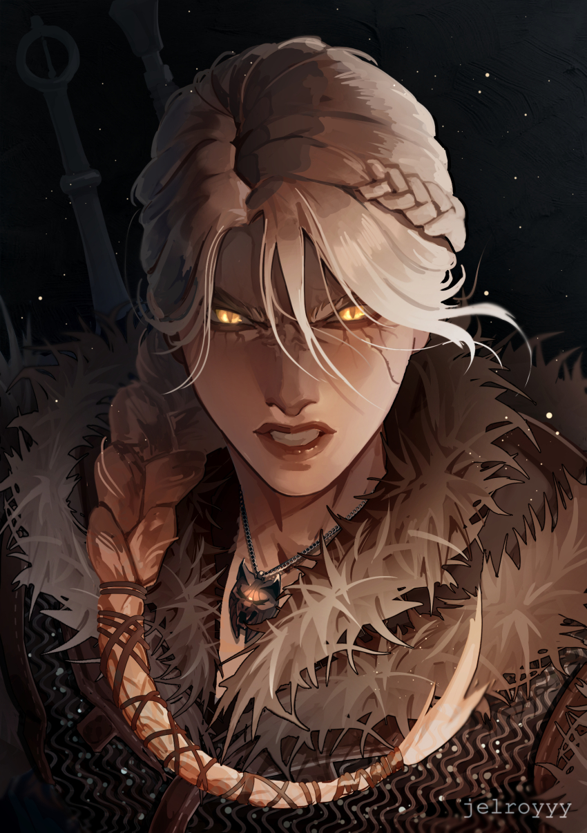 1girl absurdres angry artist_name braid braided_ponytail ciri clenched_teeth highres jelroyyy looking_at_viewer portrait slit_pupils solo sword sword_on_back teeth the_witcher_(series) the_witcher_4 weapon weapon_on_back white_hair witcher_medallion yellow_eyes