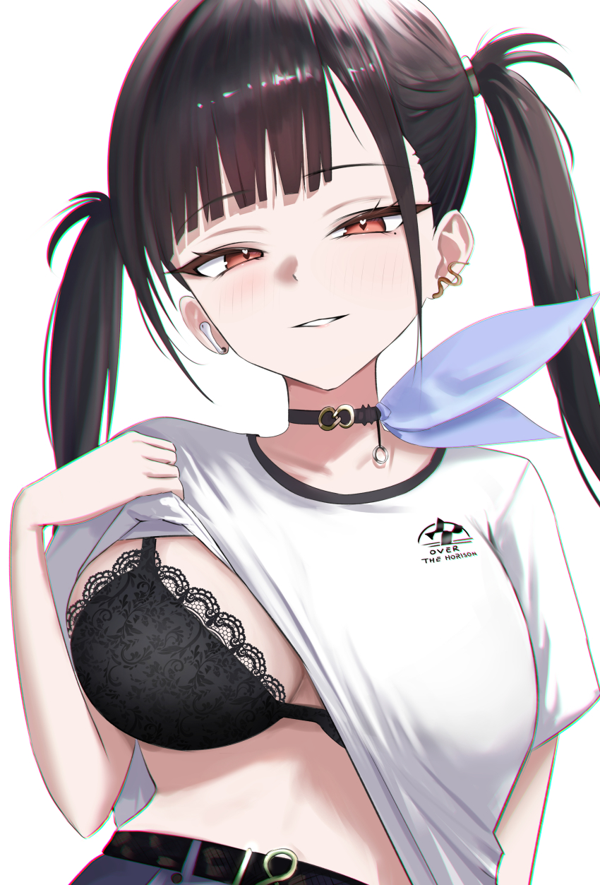 1girl absurdres asymmetrical_bangs black_bra black_hair bra breasts clothes_lift goddess_of_victory:_nikke highres large_breasts lifting_own_clothes liiigang looking_at_viewer shirt shirt_lift solo sora_(nikke) twintails underwear upper_body white_background white_shirt