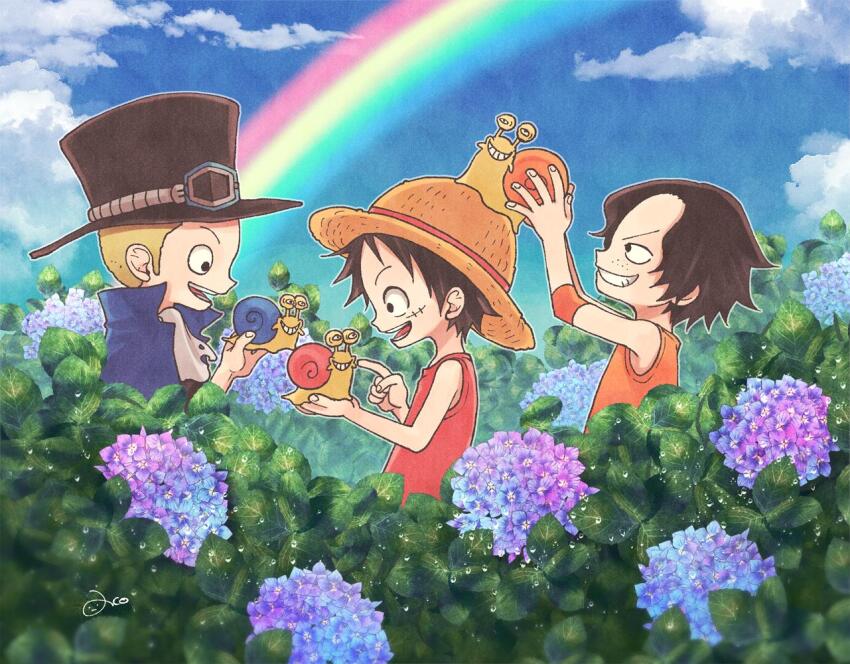 3boys aco_peda aged_down ascot black_hair blonde_hair brothers child cloud commentary_request den_den_mushi elbow_pads flower goggles goggles_on_headwear hat hydrangea male_focus monkey_d._luffy multiple_boys one_piece orange_tank_top portgas_d._ace profile rainbow red_tank_top sabo_(one_piece) scar scar_on_face siblings signature single_elbow_pad sky smile straw_hat tank_top white_ascot