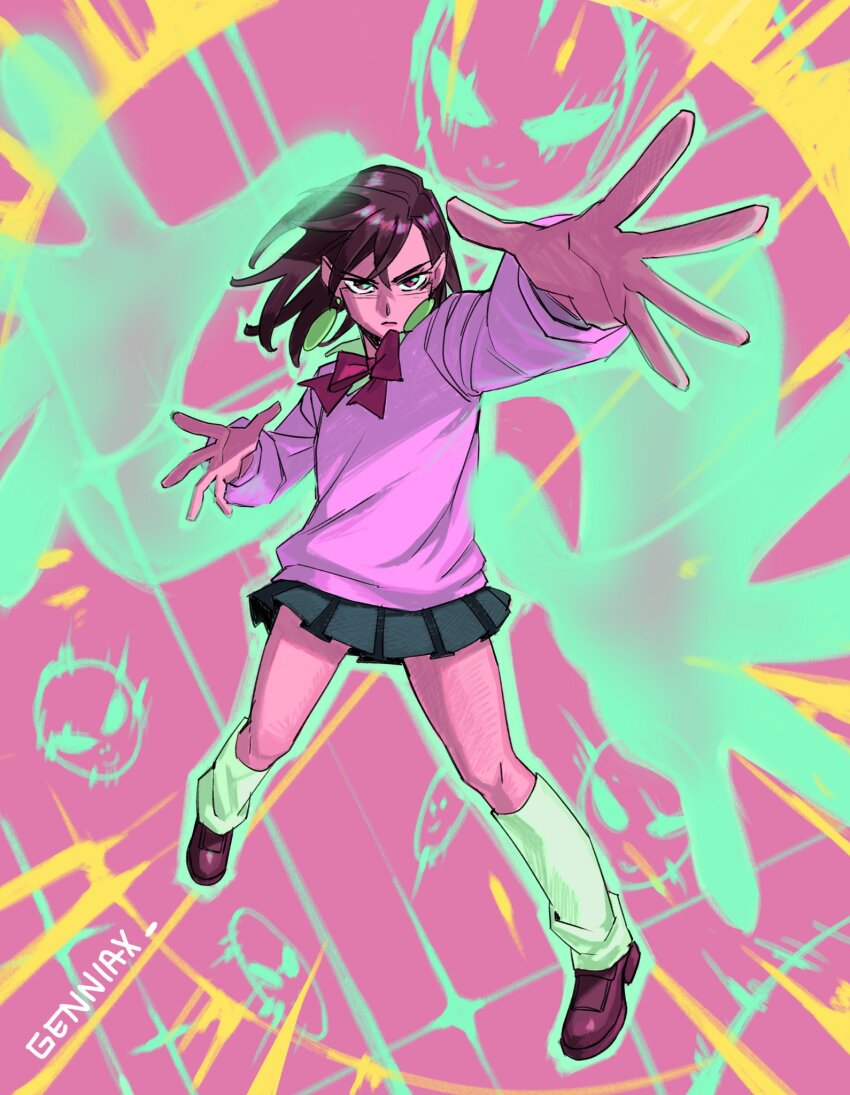1girl ayase_momo black_skirt bow bowtie brown_eyes brown_hair brown_shoes commentary dandadan earrings foreshortening frown full_body genniax highres jewelry loose_socks miniskirt pink_shirt pleated_skirt red_bow red_bowtie school_uniform serious shirt shoes signature skirt socks solo