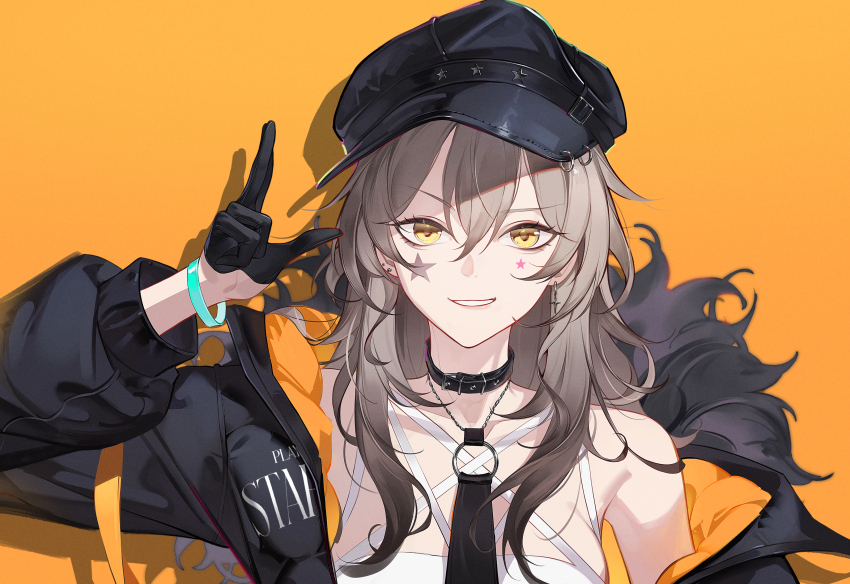 1girl absurdres black_collar black_gloves black_hat black_jacket change_(1044080555) collar commentary_request fur-trimmed_jacket fur_trim gloves grey_hair hat highres honkai:_star_rail honkai_(series) jacket long_hair looking_at_viewer neck_collar orange_background peaked_cap semi-rimless_eyewear simple_background smile solo star_sticker stelle_(honkai:_star_rail) sticker_on_face trailblazer_(honkai:_star_rail) upper_body w yellow_eyes
