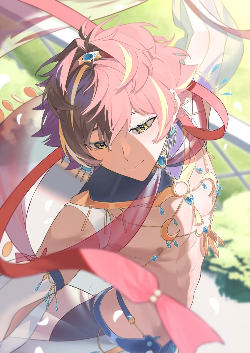 1boy blonde_hair blue_gemstone brown_hair bush chinese_commentary closed_mouth crescent crescent_necklace dacatt_(noctilucent) dancer dancing dark-skinned_male dark_skin day detached_sleeves earrings falling_petals feather_necklace gem glint hair_between_eyes hair_intakes hairband highres jewelry lazy_fish looking_to_the_side male_focus multicolored_hair necklace nipples noctilucent:_before_dawn outstretched_arms pelvic_curtain petals railing red_shawl see-through_clothes see-through_clothes see-through_shawl see-through_sleeves shawl short_hair shrug_(clothing) smile solo spread_arms streaked_hair toned toned_male topless_male upper_body white_sleeves yellow_eyes