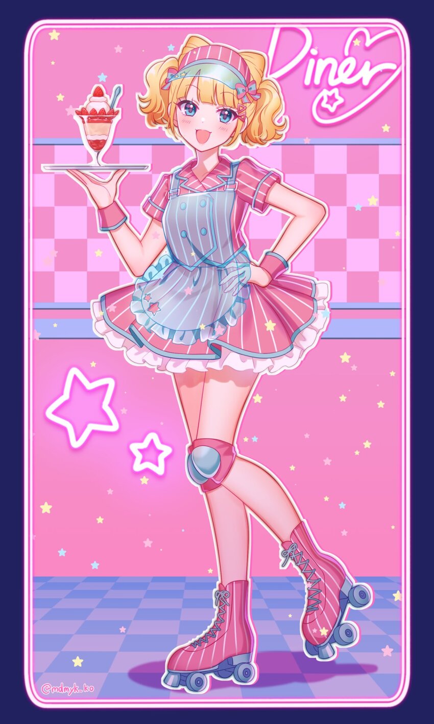 apron blonde_hair blue_apron blue_eyes cone_hair_bun curly_hair dress frilled_dress frills full_body hair_bun hand_on_own_hip highres knee_pads mendamen minami_mirei open_mouth pink_dress plate pretty_series pripara roller_skates see-through_clothes see-through_apron short_hair short_sleeves skates smile star_(symbol) visor_cap waitress wrist_cuffs