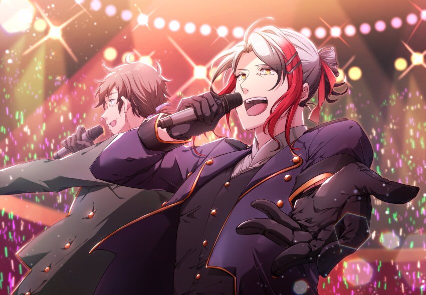 2boys black_jacket black_vest concert facial_hair fate/grand_order fate_(series) goatee grey_jacket hair_ornament hairclip hector_(fate) highres jacket male_focus masaki_(star8moon) microphone multicolored_hair multiple_boys music odysseus_(fate) open_mouth ponytail reaching reaching_towards_viewer singing streaked_hair upper_body vest yellow_eyes