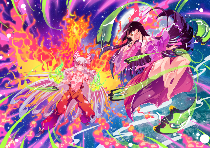 2girls bird black_hair bow branch breasts buttons cleavage fire fujiwara_no_mokou full_moon hair_bow highres houraisan_kaguya jeweled_branch_of_hourai long_hair moon multiple_girls pink_eyes silver_hair suspenders touhou very_long_hair xin_yu_hua_yin yellow_eyes zxyon2008