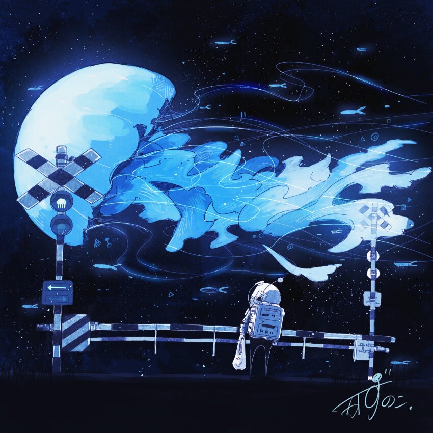 1other absurdres animal_focus astronaut backpack bag boom_barrier commentary fish flying_fish gloves helmet highres holding holding_bag jellyfish kazunoko_(kazunoko_zunoco) looking_at_animal original plastic_bag radio_antenna railroad_crossing space space_helmet spacesuit standing star_(sky) tentacles white_gloves