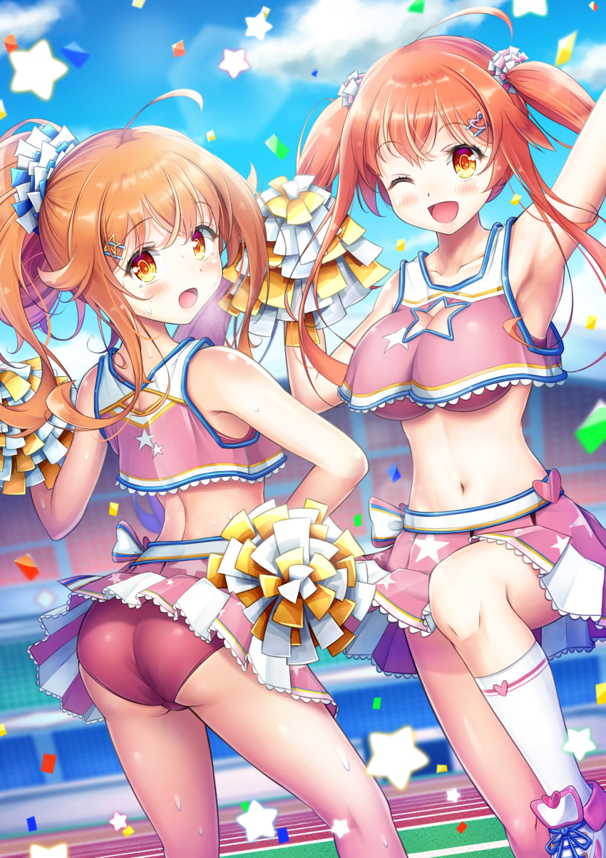 1boy 1girl ahoge armpits ass bare_shoulders blush breasts brother_and_sister bulge cheerleader cleavage cleavage_cutout clothing_cutout crossdressing from_behind hair_ornament hair_scrunchie hairclip heart highres large_breasts long_hair looking_at_viewer looking_back midriff natsusora_aona natsusora_wakana navel novady one_eye_closed open_mouth orange_eyes orange_hair original panties pom_pom_(cheerleading) ponytail scrunchie shiny_clothes shiny_skin siblings skirt smile star_(symbol) star_cutout sweat thighs trap twins twintails underboob underwear wink