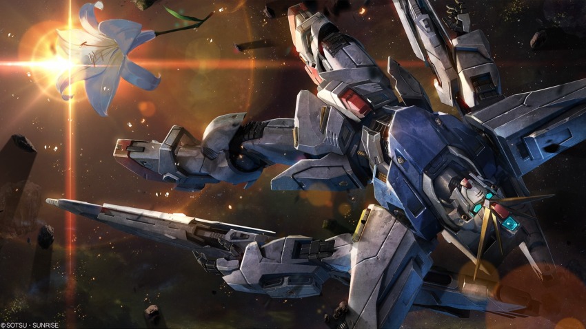 absurdres artist_request asteroid beam_rifle blue_eyes copyright_logo energy_gun f91_gundam flower gundam gundam_battle_operation_2 gundam_f91 highres lens_flare machinery mecha mecha_focus mobile_suit official_art realistic robot science_fiction sun sunrise_(company) v-fin weapon zero_gravity