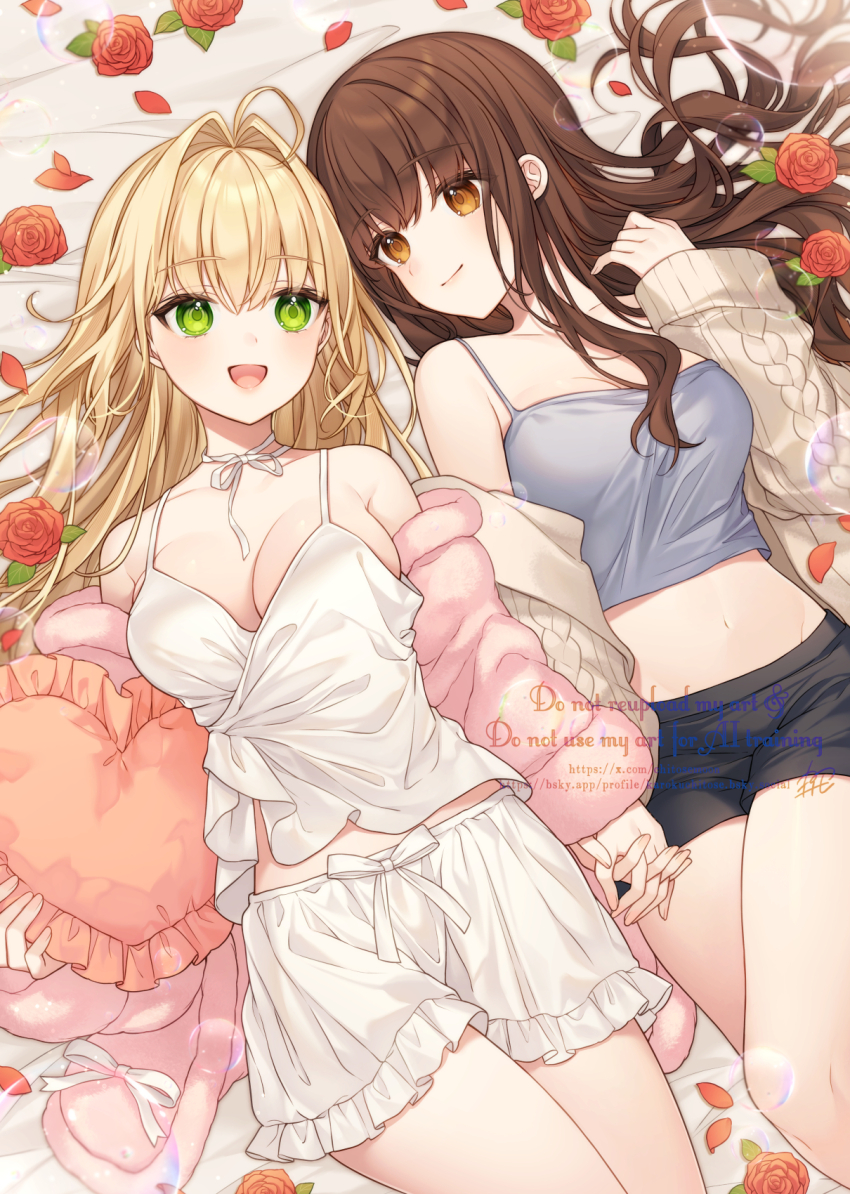 2girls :d ahoge bare_shoulders bed_sheet black_shorts blonde_hair breasts brown_eyes brown_hair brown_jacket camisole cleavage collarbone comiket_105 commentary_request english_text fate/extra fate_(series) flower frilled_shorts frills green_eyes grey_camisole hair_between_eyes hair_intakes highres holding_hands interlocked_fingers jacket karokuchitose kishinami_hakuno_(female) long_hair long_sleeves lying medium_breasts multiple_girls nero_claudius_(fate) nero_claudius_(fate/extra) off_shoulder on_back open_clothes open_jacket open_mouth petals pink_jacket red_flower red_rose rose shorts sleeves_past_wrists smile very_long_hair watermark web_address white_camisole white_shorts
