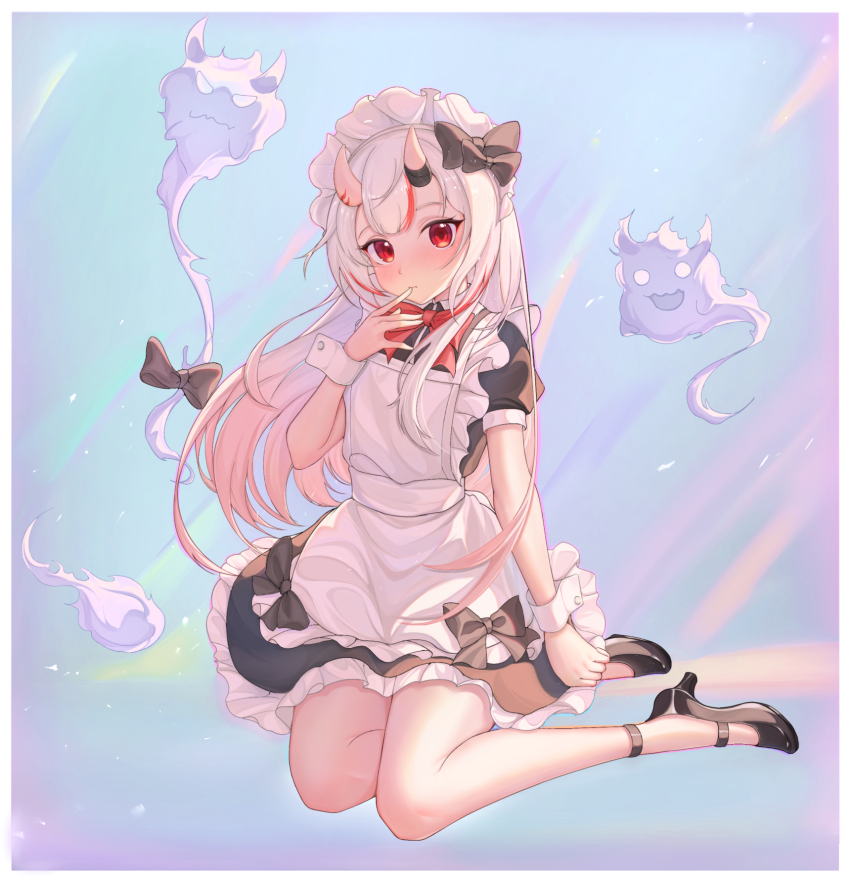 1girl \||/ alternate_costume apron arm_at_side backlighting black_bow black_dress black_shoes blue_background blush border bow bowtie closed_mouth commentary dress dress_bow enmaided finger_to_mouth floating_hair frilled_apron frilled_dress frills full_body gradient_hair grey_hair hair_bow hand_up high_heels highres hololive horns lemonqoq long_hair looking_at_viewer maid maid_apron multicolored_hair nakiri_ayame nose_blush oni pink_hair puffy_short_sleeves puffy_sleeves red_bow red_bowtie red_eyes shoes short_sleeves shy sidelocks simple_background sitting skin-covered_horns solo straight_hair streaked_hair virtual_youtuber white_apron white_border white_wrist_cuffs wrist_cuffs yokozuwari