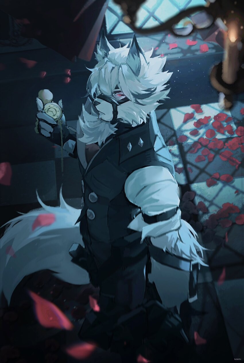 1boy animal_ears bicep_strap boketto_x chandelier checkered_floor closed_mouth colored_tips commentary english_commentary falling_petals fingerless_gloves from_above furry furry_male gloves highres holding holding_pocket_watch looking_at_viewer looking_up male_focus multicolored_hair petals petals_on_ground pocket_watch prosthesis prosthetic_leg red_eyes rose_petals shirt tail vest von_lycaon watch white_shirt wolf_boy wolf_ears wolf_tail zenless_zone_zero