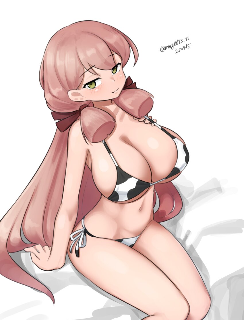 1girl absurdres akashi_(kancolle) animal_print bikini blunt_tresses breasts cleavage cow_print dated feet_out_of_frame green_eyes hair_ribbon highres kantai_collection large_breasts long_hair maru_(marg0613) pink_hair ribbon side-tie_bikini_bottom simple_background solo swimsuit tress_ribbon twitter_username white_background white_bikini
