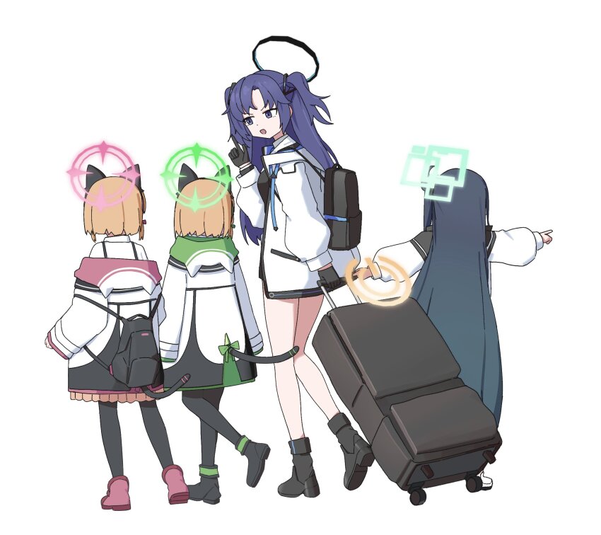 4girls adon_(dufaladanidu) animal_ear_headphones animal_ears aris_(blue_archive) black_footwear black_gloves black_hair black_halo blonde_hair blue_archive boots cat_ear_headphones fake_animal_ears fake_tail gloves green_halo halo hand_up headphones highres jacket long_hair long_sleeves looking_at_another midori_(blue_archive) momoi_(blue_archive) multiple_girls open_mouth pink_boots pink_halo pointing purple_eyes purple_hair simple_background standing suitcase tail very_long_hair white_background white_jacket yellow_halo yuuka_(blue_archive) yuzu_(blue_archive)