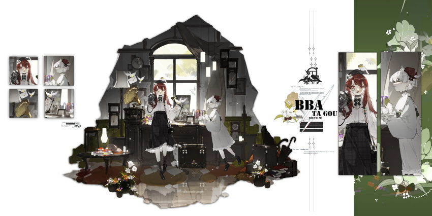2girls a9219669 absurdres analog_clock animal_ears ankle_socks bag belt belt_buckle belt_collar beret bird black_bag black_belt black_footwear black_headwear black_skirt black_socks blindfold buckle camera chain chair chest_(furniture) chinese_commentary clock collar collared_shirt commentary_request cup deer_ears dress envelope flower frilled_collar frilled_dress frilled_skirt frills from_side full_body grey_dress hair_over_shoulder hat hat_flower high-waist_skirt high_collar highres holding holding_camera holding_tray indoors lamp long_hair long_sleeves medium_dress medium_skirt mini_hat monocle multiple_girls multiple_views nail_polish original phonograph plaid_clothes plaid_skirt puffy_long_sleeves puffy_sleeves red_hair red_headwear red_nails reflective_floor round_eyewear shirt shoes shoulder_bag skirt socks straight_hair table teacup teapot tray tree white_background white_flower white_shirt white_sleeves window wooden_floor