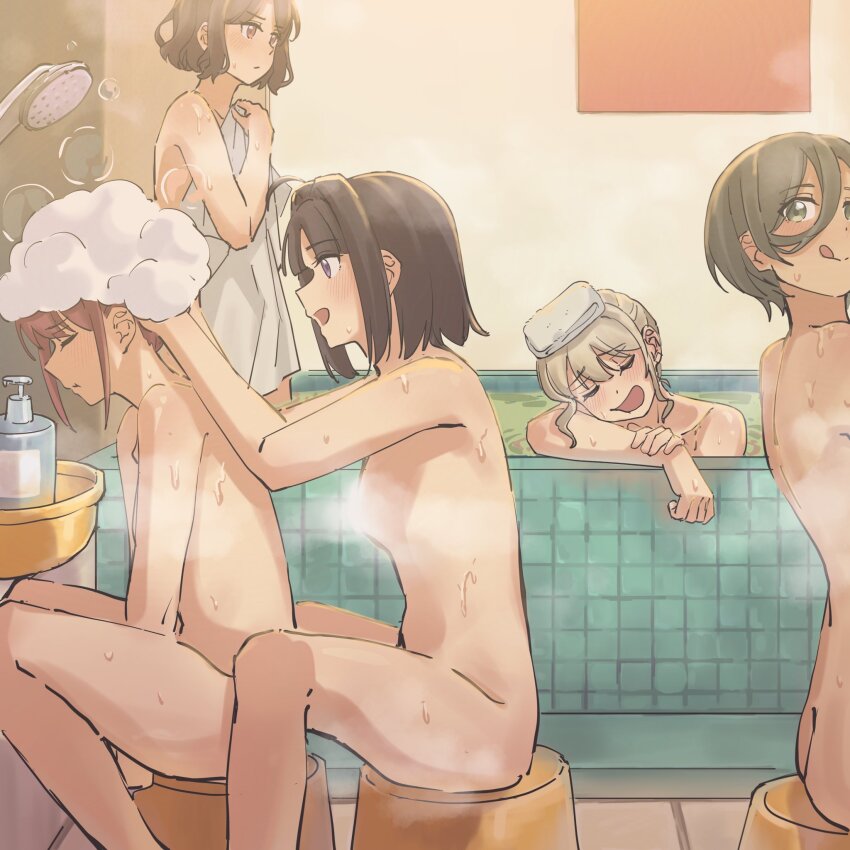 5girls ahoge ass awa_subaru bath bathing black_hair blush breasts brown_eyes brown_hair closed_eyes closed_mouth commentary_request convenient_censoring earclip ebizuka_tomo fafayu girls_band_cry grey_hair hair_between_eyes hair_intakes highres iseri_nina kawaragi_momoka licking_lips long_hair_between_eyes multiple_girls nude official_alternate_hair_length official_alternate_hairstyle open_mouth pout purple_eyes red_eyes rupa_(girls_band_cry) same-sex_bathing shampoo shared_bathing shower_head sidelocks small_breasts steam steam_censor sweat togenashi_togeari tongue tongue_out towel washing_hair