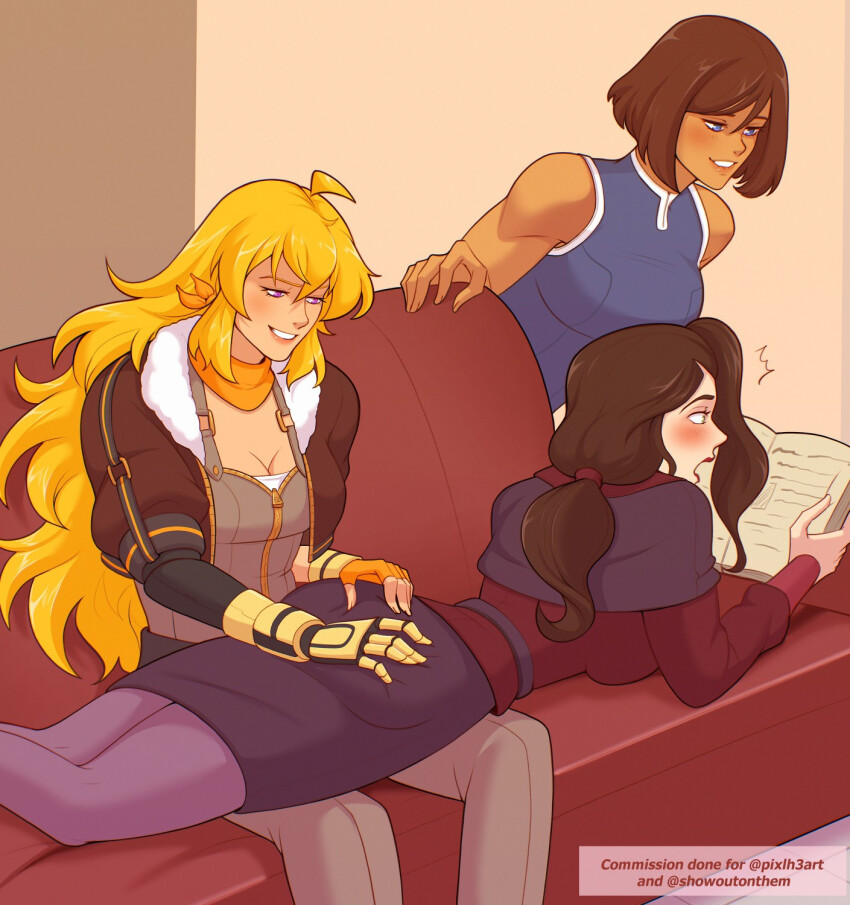 3girls ahoge asami_sato ass avatar_legends bare_shoulders black_hair blonde_hair blue_eyes blush book breasts brown_hair brown_jacket brown_skirt commission couch crossover dark-skinned_female dark_skin hand_on_another&#039;s_ass highres holding holding_book jacket korra large_breasts long_hair long_sleeves multiple_girls on_couch orange_scarf ponytail prosthesis prosthetic_arm reading red_lips rwby scarf short_hair skirt smile the_legend_of_korra thighhighs yang_xiao_long yellow_nicky