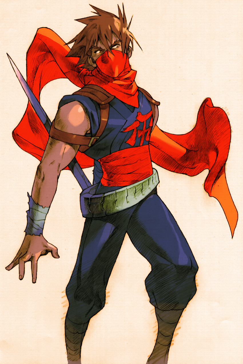 1boy absurdres bengus brown_eyes brown_hair game_cg highres looking_to_the_side male_focus marvel_vs._capcom marvel_vs._capcom_2 mask mouth_mask muscular ninja non-web_source official_art red_mask red_scarf scan scarf simple_background solo standing strider_(video_game) strider_hiryuu wrist_wrap