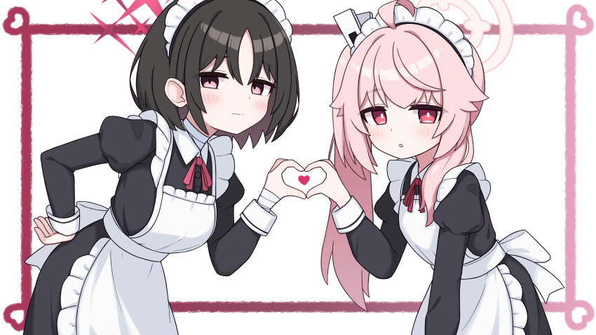 1girl absurdres ahoge alternate_costume apron bent_over black_dress black_hair blue_archive blush bow breasts brown_eyes chestnut_mouth closed_mouth commentary_request cowboy_shot dress enmaided frilled_apron frilled_dress frills hair_between_eyes hair_ornament hairclip halo hand_on_own_hip heart heart_hands heart_hands_duo highres juliet_sleeves long_hair long_sleeves looking_at_viewer maid maid_apron maid_headdress medium_breasts misaki_(blue_archive) natsu_(blue_archive) open_mouth pink_hair pink_halo pink_ribbon puffy_sleeves red_eyes red_halo red_ribbon ribbon short_hair side_ponytail sidelocks simple_background small_breasts waist_apron wavy_mouth white_apron white_background white_bow wrist_cuffs zddma20