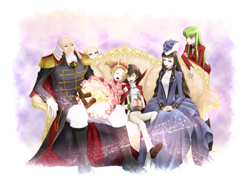 3boys 3girls aiguillette black_hair blonde_hair bow brown_hair c.c. cape charles_zi_britannia code_geass couch dress closed_eyes formal_clothes gift gloves green_hair hair_bow hair_ribbon happy hat hidari_ise lelouch_vi_britannia long_hair marianne_vi_britannia multiple_boys multiple_girls nunnally_vi_britannia open_mouth patterned_upholstery purple_eyes ribbon short_hair sitting smile twintails v.v. alternate_universe wig yellow_eyes aged_down