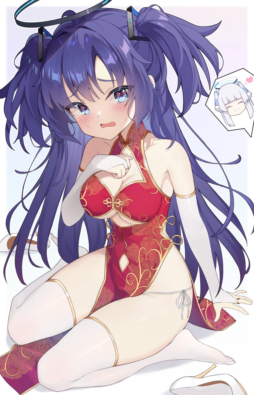 2girls absurdres alternate_costume ass blue_archive blue_eyes blush border breasts bridal_gauntlets china_dress chinese_clothes cleavage collarbone dress halo high_heels highres long_hair looking_at_viewer medium_breasts multiple_girls noa_(blue_archive) open_mouth pu_ht pumps purple_hair red_dress shoes solo_focus stiletto_heels tears thighhighs two_side_up unworn_shoes white_border white_footwear white_thighhighs yuuka_(blue_archive)
