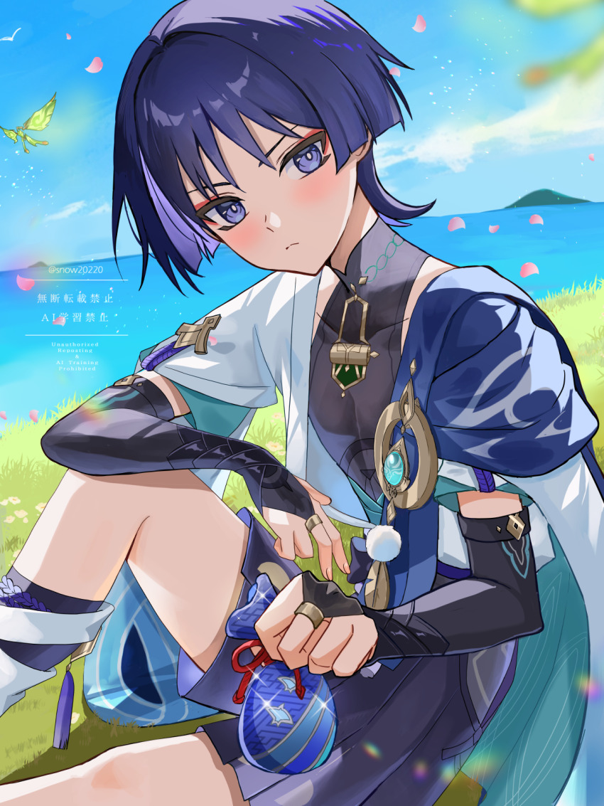 1boy anemo_symbol_(genshin_impact) animal_print aqua_gemstone aqua_kimono aqua_sleeves arm_on_knee armor bird bird_print black_bodysuit black_bridal_gauntlets black_leggings black_shorts blue_cape blue_sky blunt_ends blush bodysuit bridal_gauntlets bright_pupils cape clear_sky clenched_hand closed_mouth covered_collarbone crystalfly_(genshin_impact) eyeliner eyeshadow feathers fingernails flower furisode gem genshin_impact giving gold_ring grass hair_intakes hakama hakama_shorts han&#039;eri highres holding horizon japanese_armor japanese_clothes kimono knee_up kote kurokote layered_kimono layered_sleeves leg_warmers leggings looking_at_viewer makeup male_focus mandarin_collar middle_ring ocean on_grass open_clothes open_kimono outdoors pink_flower pleated_shorts pom_pom_(clothes) pouch purple_eyes purple_rope red_eyeliner red_eyeshadow red_rope rope scaramouche_(genshin_impact) short_sleeves shorts shoulder_peek sitting sky smile snow20200 solo tassel three_quarter_view tsurime twitter_username vision_(genshin_impact) wanderer_(genshin_impact) watermark white_day white_flower white_kimono white_leg_warmers white_pupils white_sleeves white_trim yellow_feathers