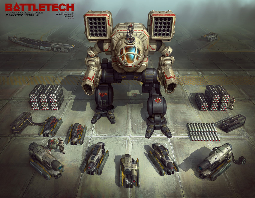 2boys absurdres ammunition_belt battletech bilingual_text clan_wolf commentary energy_cannon english_commentary english_text equipment_layout flatbed_truck gun highres japanese_text laser_projector machine_gun machinery madcat maintenance marco_mazzoni mecha military missile missile_pod mixed-language_text motor_vehicle multiple_boys non-humanoid_robot pilot robot rocket_launcher science_fiction translation_request truck walker_(robot) weapon