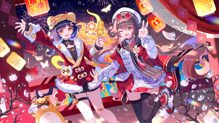 2girls absurdres beret black_thighhighs eyewear_on_head fireworks flower-shaped_pupils genshin_impact guoba_(genshin_impact) hat highres hu_tao_(cherries_snow-laden)_(genshin_impact) hu_tao_(genshin_impact) lalazyt long_hair looking_at_viewer multiple_girls night official_alternate_costume one_eye_closed open_mouth outdoors red_eyes round_eyewear short_hair smile standing standing_on_one_leg symbol-shaped_pupils thighhighs viclim-monou white_footwear xiangling_(genshin_impact) xiangling_(new_year&#039;s_cheer)_(genshin_impact) zettai_ryouiki