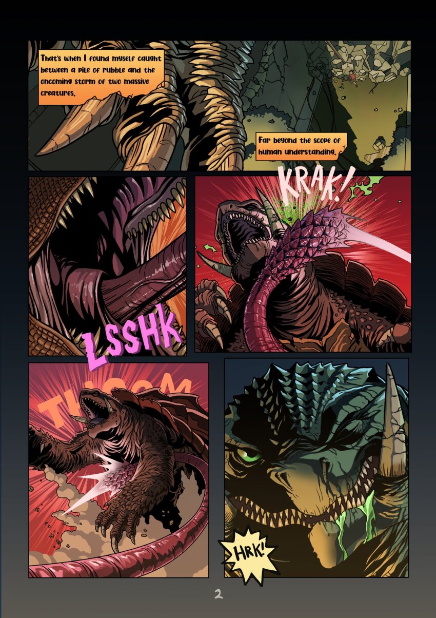 1boy alex_alcanter barugon bleeding blood blood_from_mouth colored_blood daiei_film daiei_motion_picture debris english_text gamera gamera_(series) gamera_vs._barugon green_blood green_eyes highres kadokawa kaiju lizard long_tongue night red_shirt rubble sea_monster sharp_teeth shirt teeth text_focus tongue turtle turtle_shell tusks very_long_tongue