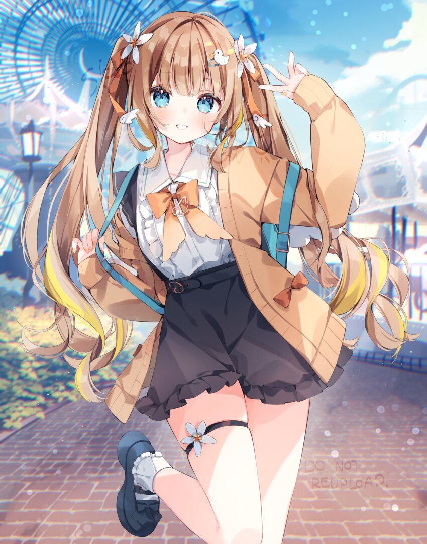 1girl amusement_park aqua_eyes backpack bag black_skirt blonde_hair blunt_bangs blurry blush bow bowtie brown_cardigan brown_hair cardigan center_frills collared_shirt commentary commission cowboy_shot depth_of_field flower frilled_skirt frilled_socks frills hair_bow hair_flower hair_ornament heripiro highres leg_up long_hair long_sleeves looking_at_viewer mary_janes miniskirt multicolored_hair open_cardigan open_clothes orange_bow orange_bowtie pavement school_uniform shirt shoes skeb_commission skirt smile socks solo standing streaked_hair suspender_skirt suspenders teeth thigh_strap twintails two-tone_hair varium virtual_youtuber watamiya_ahiru white_socks