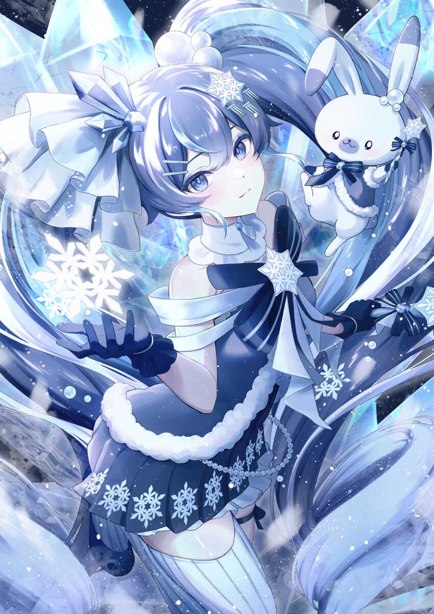 1girl absurdres awai_uta bare_shoulders black_background black_gloves black_shoes blue_eyes blue_hair blue_skirt blue_theme closed_mouth cowboy_shot detached_collar diamond_hair_ornament double-parted_bangs frilled_gloves frills from_above fur_trim gloves hair_between_eyes hair_ornament hatsune_miku highres holding holding_scepter light_particles long_hair miniskirt multicolored_hair pale_skin petticoat pleated_skirt rabbit_yukine scepter shoes simple_background single_thighhigh skirt smile snowflake_brooch snowflake_hair_ornament solo standing standing_on_one_leg streaked_hair striped_clothes striped_thighhighs thighhighs twintails two-tone_hair vertical-striped_clothes vertical-striped_thighhighs very_long_hair vocaloid white_hair white_thighhighs yuki_miku yuki_miku_(2025)