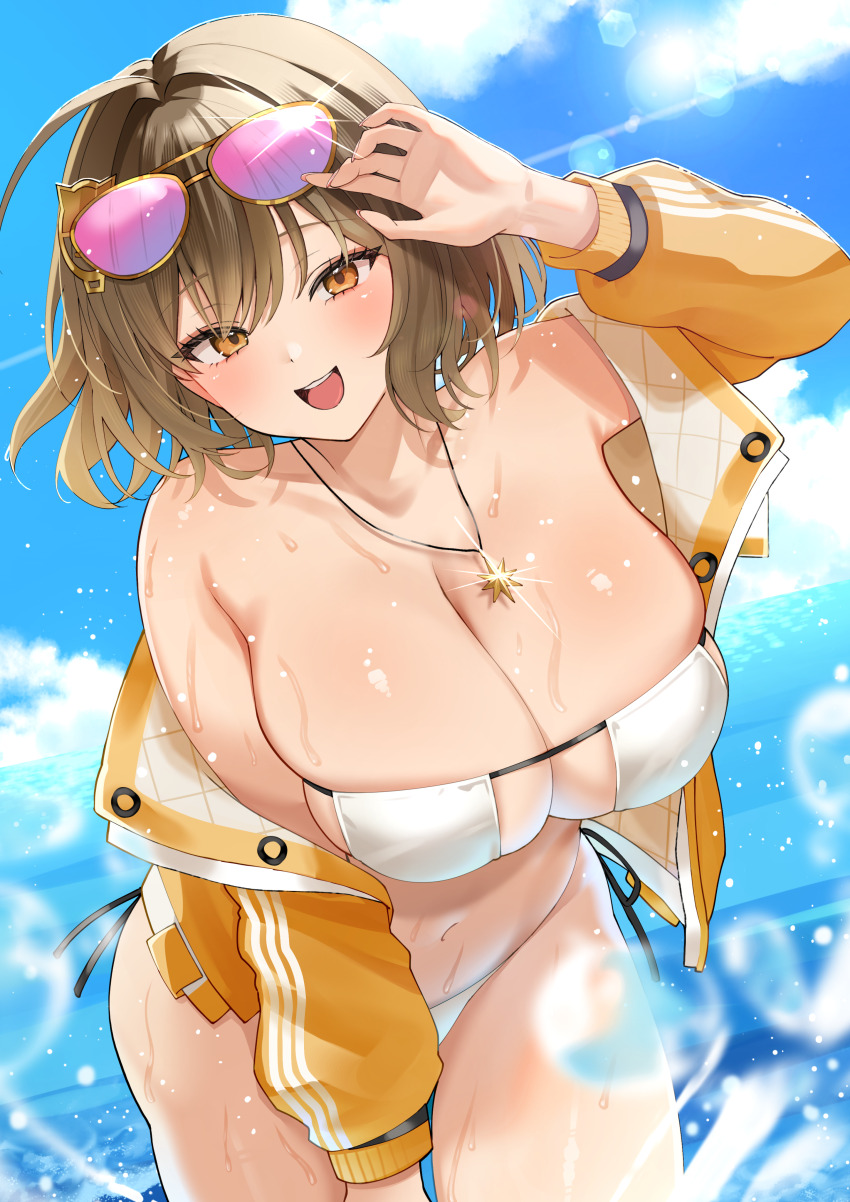 1girl absurdres ahoge anis_(nikke) anis_(sparkling_summer)_(nikke) aviator_sunglasses bare_shoulders bikini blue_sky blush breasts brown_eyes brown_hair cleavage cloud cloudy_sky commentary_request day eyepatch_bikini eyewear_on_head goddess_of_victory:_nikke hair_intakes highres jacket jewelry large_breasts looking_at_viewer necklace nigi_(ngmnoym) official_alternate_costume open_mouth outdoors purple-tinted_eyewear short_hair skindentation sky smile solo star_(symbol) star_necklace sunglasses swimsuit tinted_eyewear white_bikini yellow_jacket