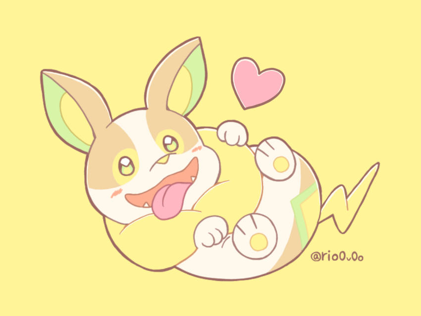 animal_focus blush_stickers fangs full_body game_freak gen_8_pokemon green_eyes heart lying nintendo no_humans on_side open_mouth pokemon pokemon_(creature) rio_(rio0v0o) simple_background solo tongue tongue_out twitter_username yamper yellow_background