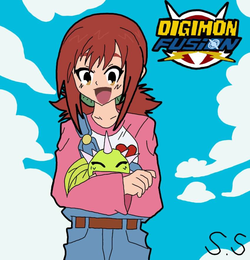 budmon digimon hair_ornament hairclip highres hinomoto_akari long_hair orange_eyes red_hair spikes twintails
